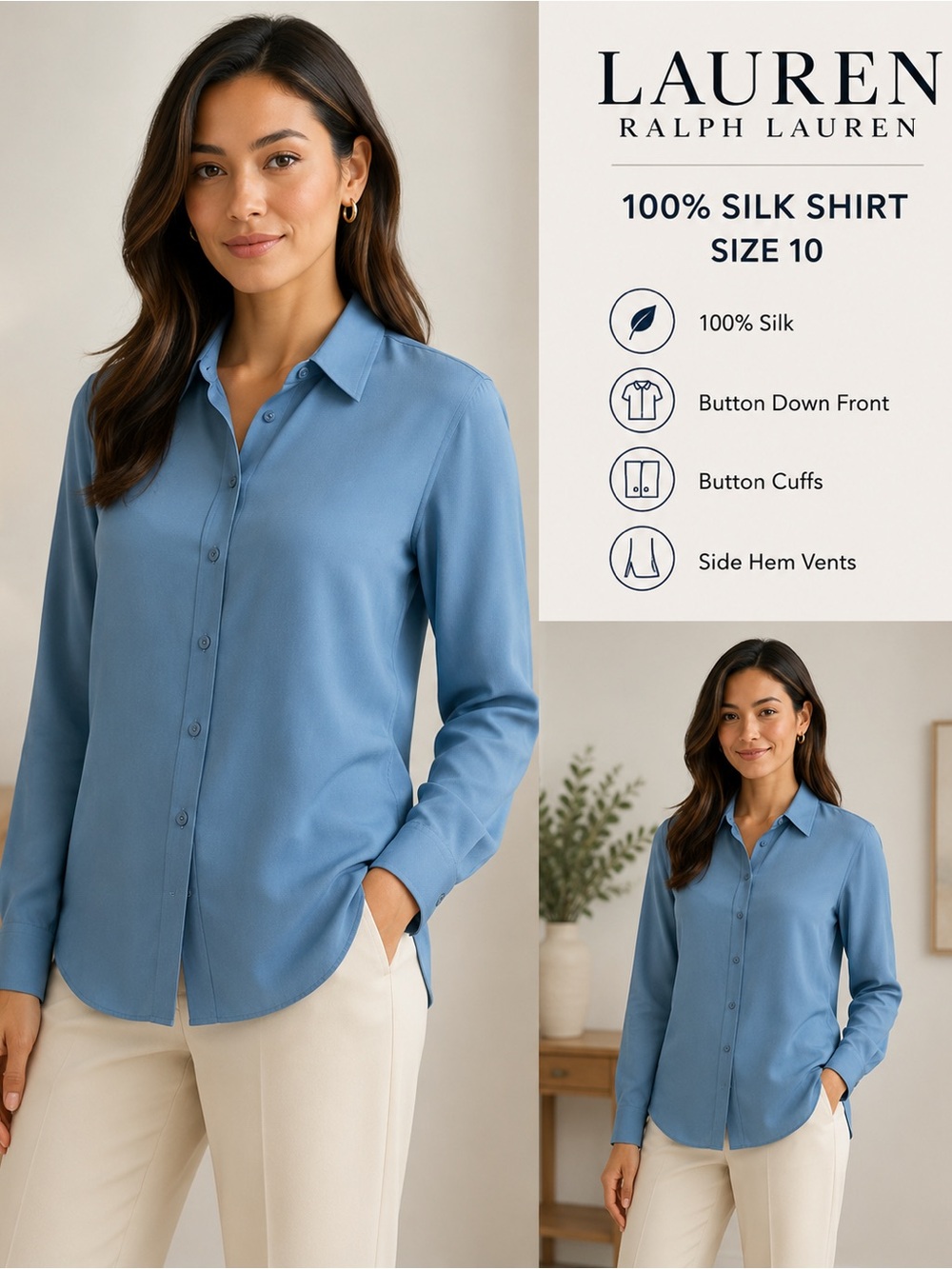 NWT Lauren Ralph Lauren 100% Silk Blue Button Down Shirt Size 10